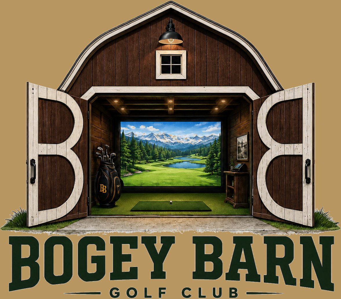 Illustrated Bogey Barn logo — a barn with its doors open to a golf simulator bay