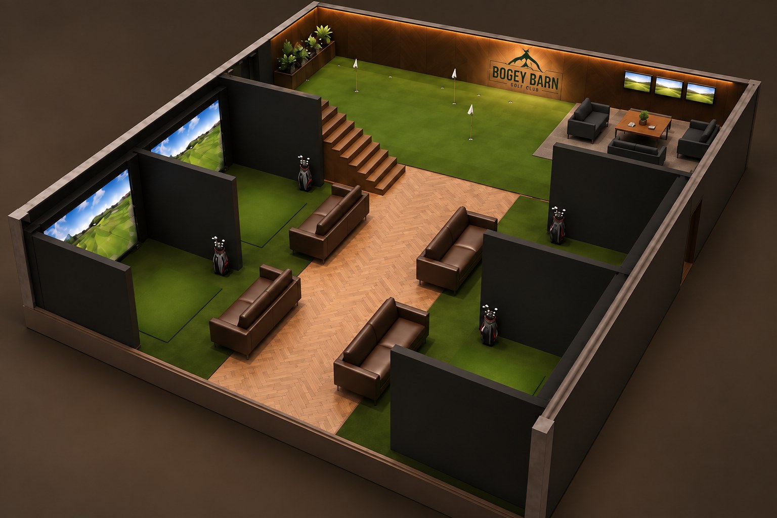 Bogey Barn interior — simulator bays, raised putting and chipping green, herringbone floor and leather lounge seating
