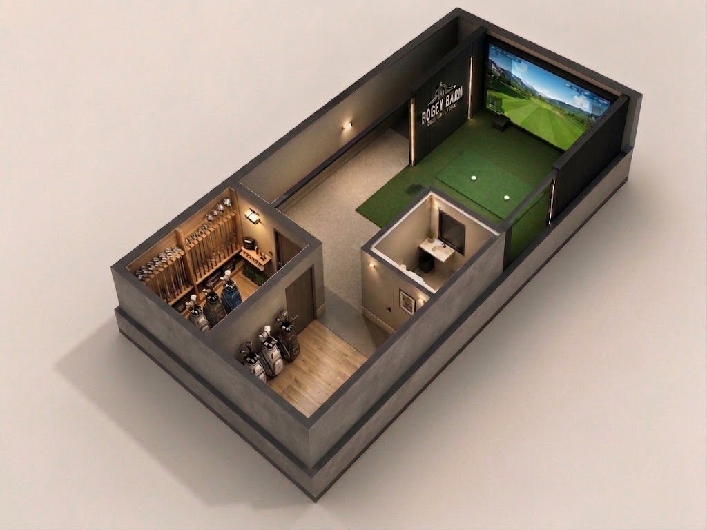 Upstairs at Bogey Barn — simulator bay, putting green, club storage, and restroom